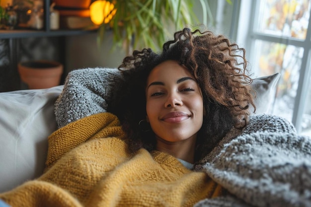 una donna sdraiata su un divano coperta da una coperta