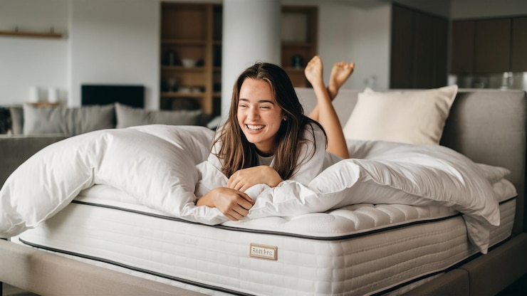 Foto una donna sdraiata su un letto con un'etichetta che dice zan su di esso