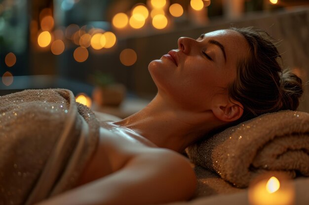 Una donna sdraiata su un tavolo da massaggio avvolta in asciugamani morbidi che si gode un massaggio terapeutico del corpo in un lusso