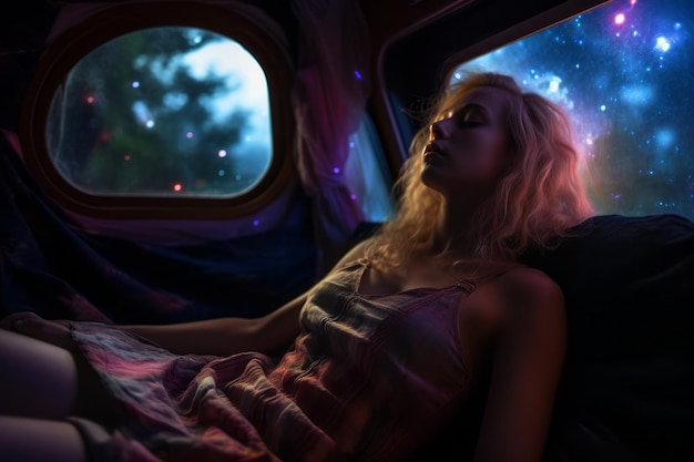una donna sdraiata sul retro di un camper con le stelle sullo sfondo