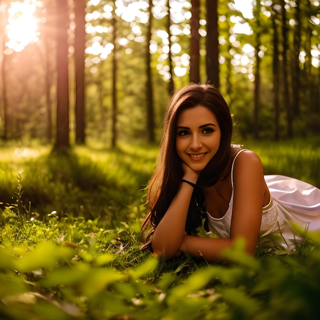 Una donna sdraiata sull'erba in una foresta con il sole che le splende sul viso