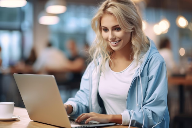 una donna seduta a un tavolo con un laptop