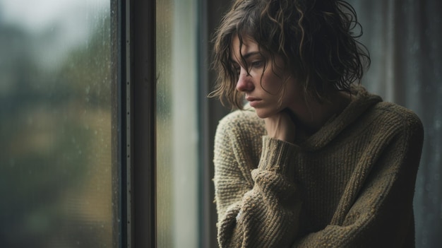 Una donna seduta accanto a una finestra che guarda fuori