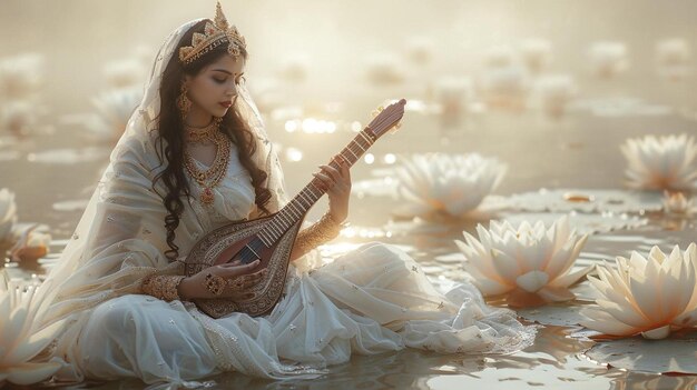 una donna seduta in acqua che suona la chitarra