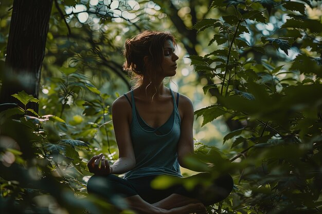 Una donna seduta in mezzo a una foresta che fa yoga