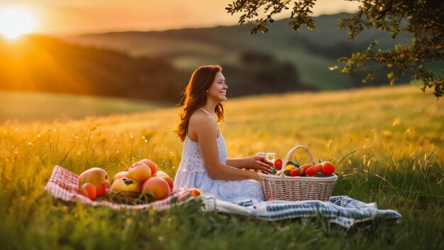 una donna seduta in un campo con un paniere di mele e un paniere Di mele
