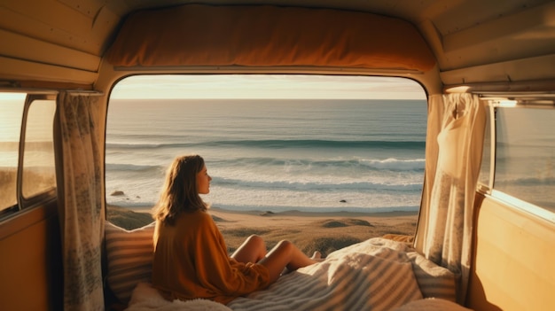 una donna seduta in un furgone aperto che guarda l'oceano