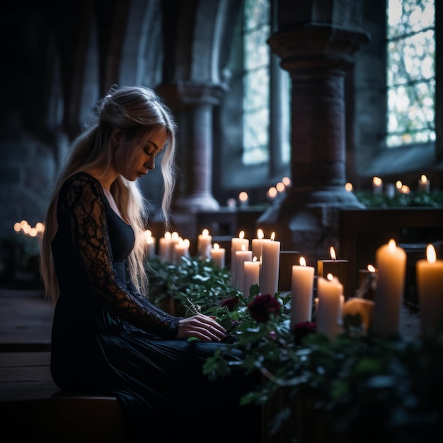 una donna seduta in una chiesa circondata da candele