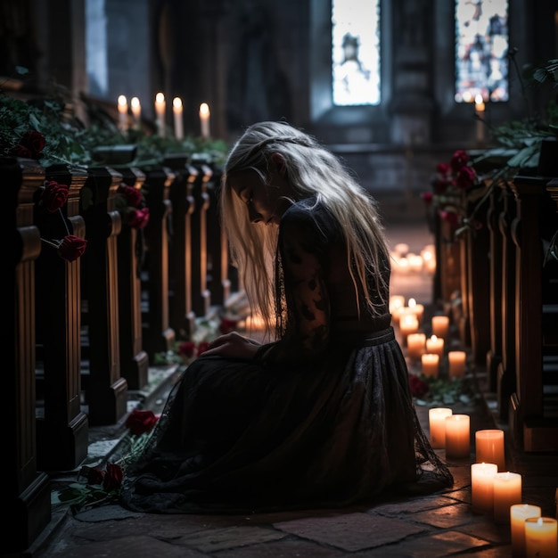 una donna seduta in una chiesa circondata da candele