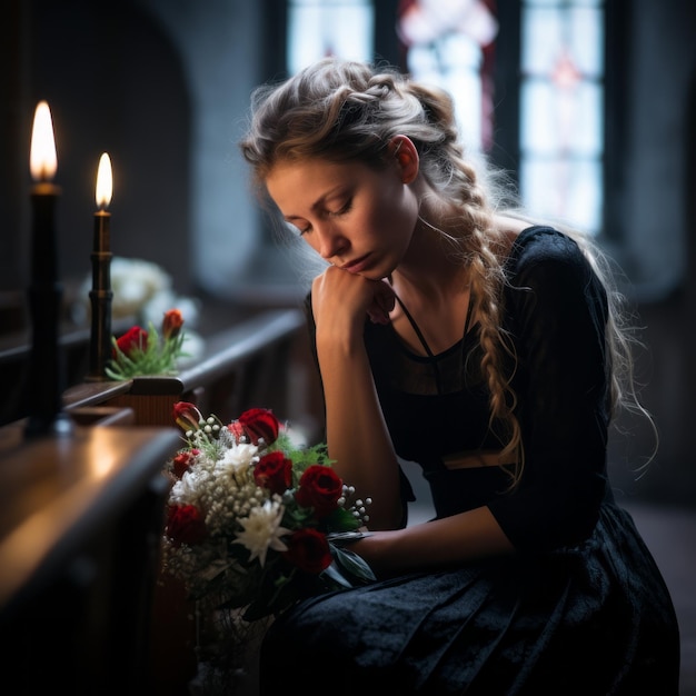 una donna seduta in una chiesa con in mano un mazzo di fiori