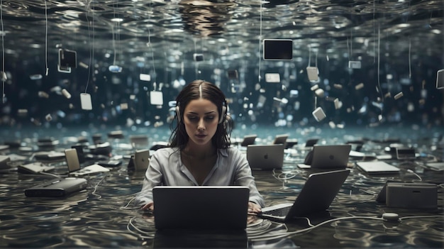 una donna seduta in una stanza con un computer portatile nell'acqua
