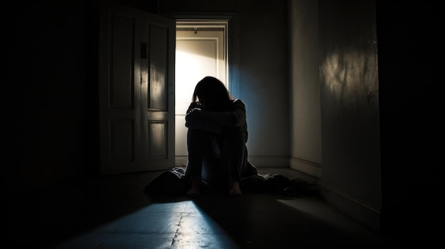 Una donna seduta in una stanza vuota illuminata dalla luce che entra dalla porta aperta