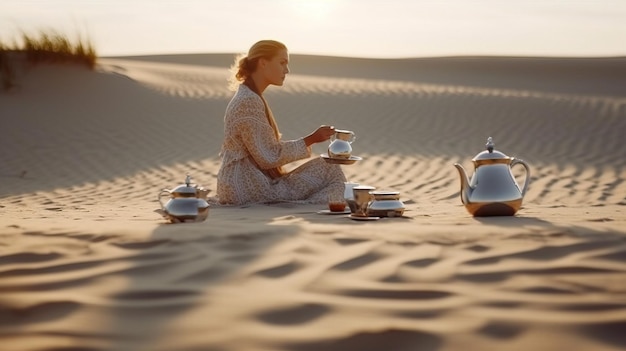 Una donna seduta nel deserto con teiere e teiere Generative AI Art