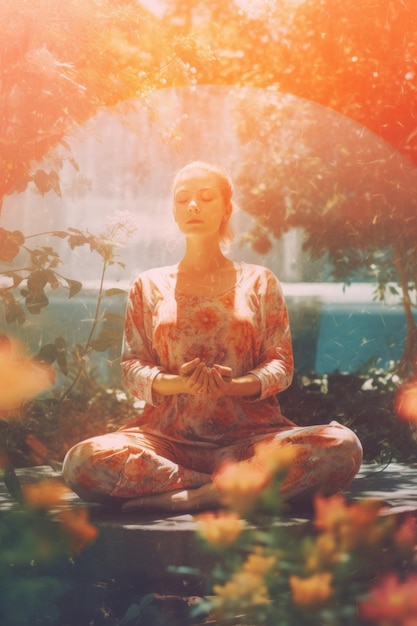 Una donna seduta nella posizione del loto in un giardino Immagine AI generativa