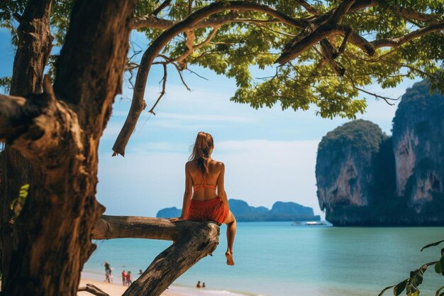 una donna seduta su un albero che guarda l'oceano