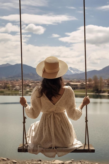 una donna seduta su un'altalena che guarda fuori da un lago