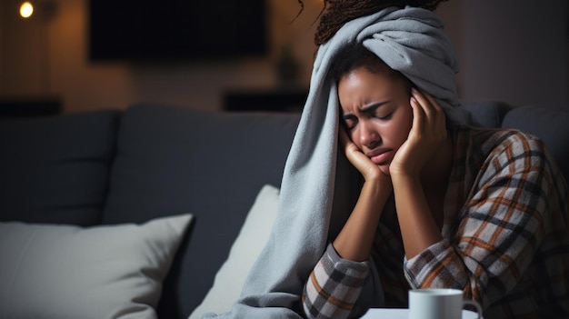 una donna seduta su un divano che sembra afflitta con la testa appoggiata tra le mani