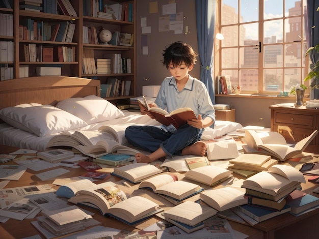 una donna seduta su un letto che legge un libro in una stanza piena di libri