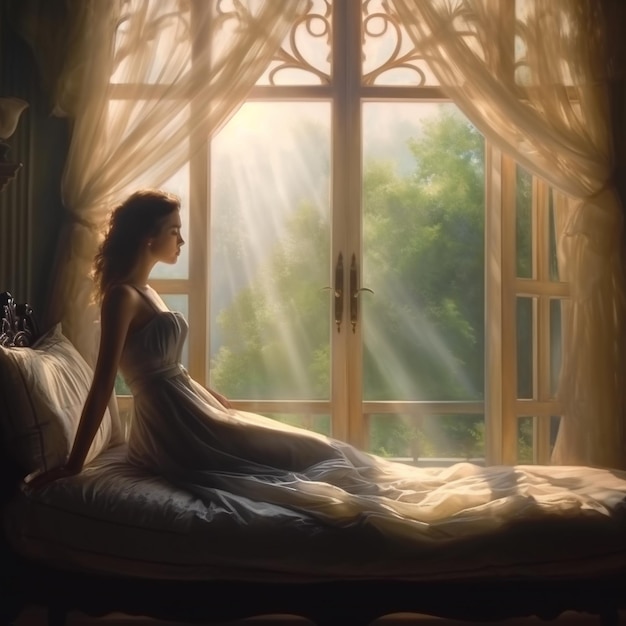 una donna seduta su un letto davanti a una finestra con il sole che splende attraverso la finestra