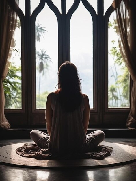 una donna seduta su un tappetino da yoga davanti a una finestra