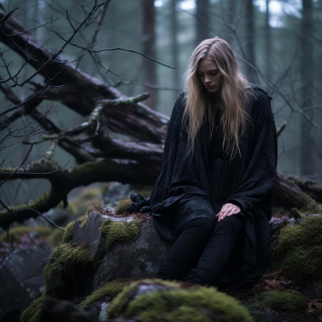 una donna seduta su una roccia nel bosco