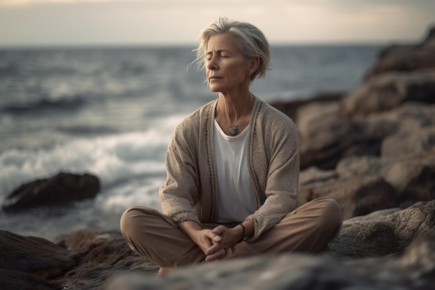 Una donna seduta su una roccia vicino all'oceano immagine ai generativa