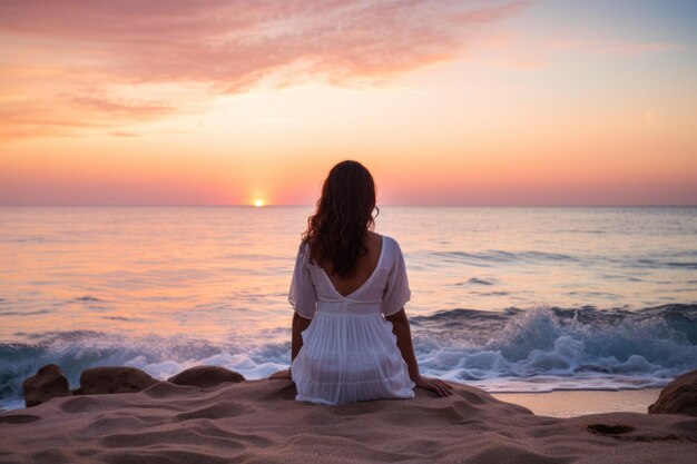 Una donna seduta su una spiaggia color pastello al tramonto