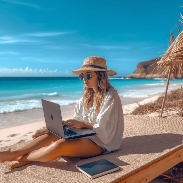 una donna seduta su una spiaggia con un computer portatile e un cappello di paglia in grembo