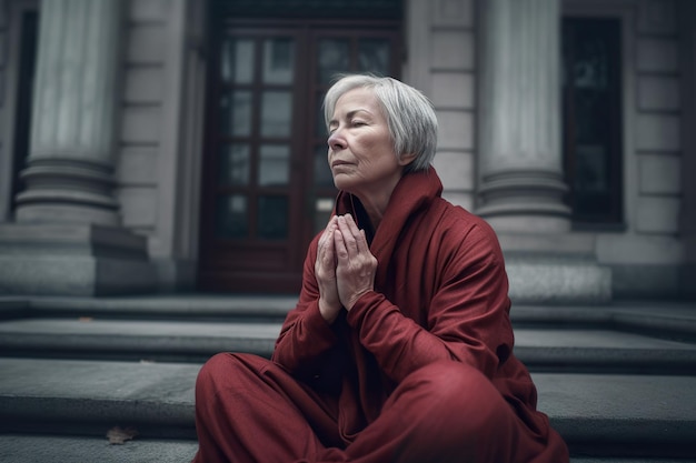 Una donna seduta sui gradini di un edificio ai immagine generativa