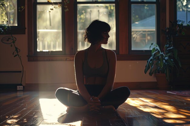 Una donna seduta sul pavimento in una postura di yoga