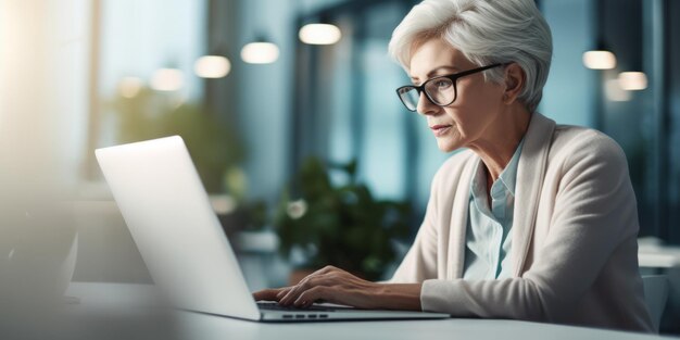 Una donna senior CEO che lavora su un laptop in un ufficio moderno con luce naturale Concetto di successo aziendale AI generativa