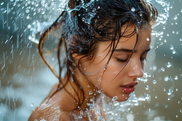 Una donna serena che si gode una rinfrescante doccia all'aperto con gocce d'acqua che luccicano sulla sua pelle