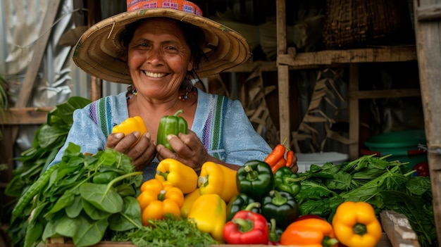 Una donna serena con un cappello di paglia tiene un peperoncino verde vibrante in un ambiente pacifico