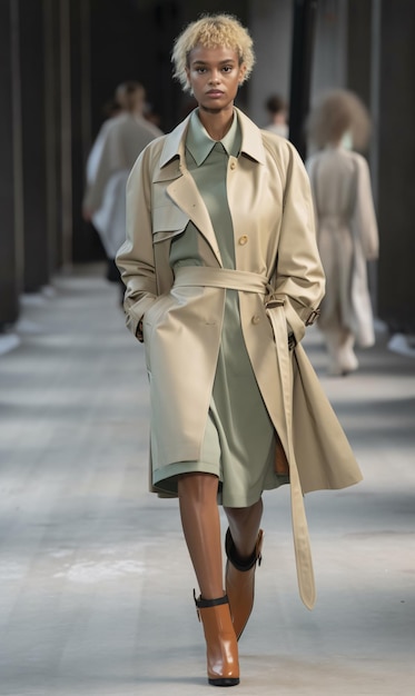 Una donna sfila in passerella con un cappotto di pelle e stivali in tenui colori beige e pistacchio AI generato AI generativo AI generativ