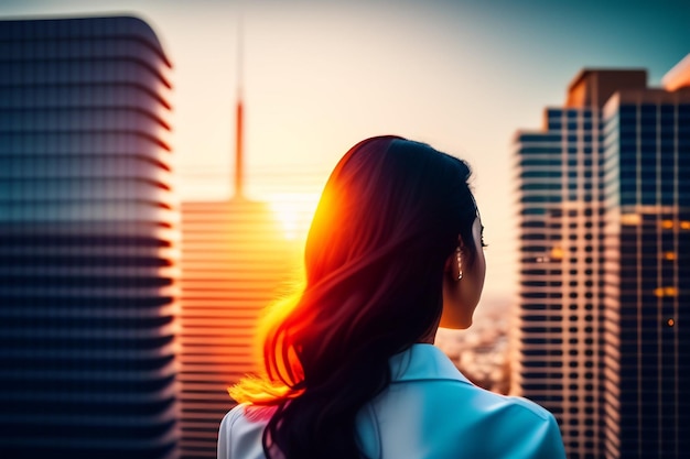 Una donna si affaccia su uno skyline della città al tramonto.