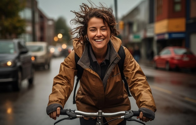 Una donna si diverte a pedalare sulla strada immagine di trasporto urbano