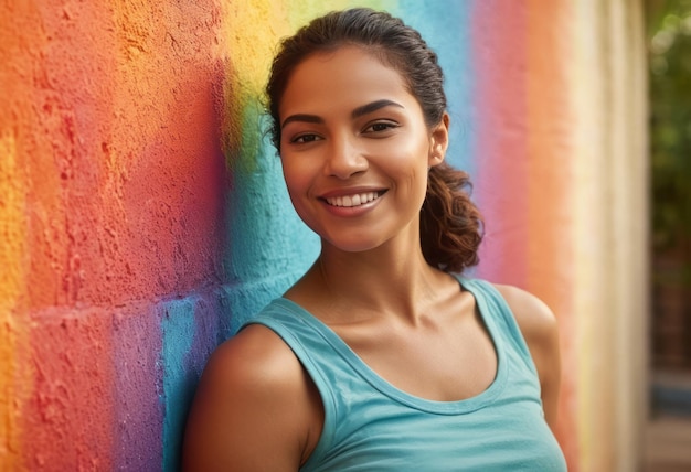 Una donna si erge contro un muro di colori vivaci il suo comportamento gioioso che corrisponde allo sfondo vibrante