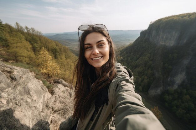 Una donna si fa un selfie in montagna