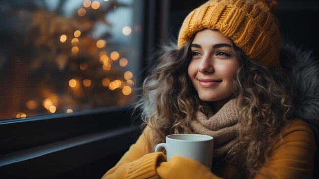 una donna si gode il caffè in mezzo alle decorazioni natalizie