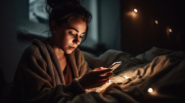 Una donna si siede a letto e guarda il suo telefono mentre legge un messaggio sul suo telefono.