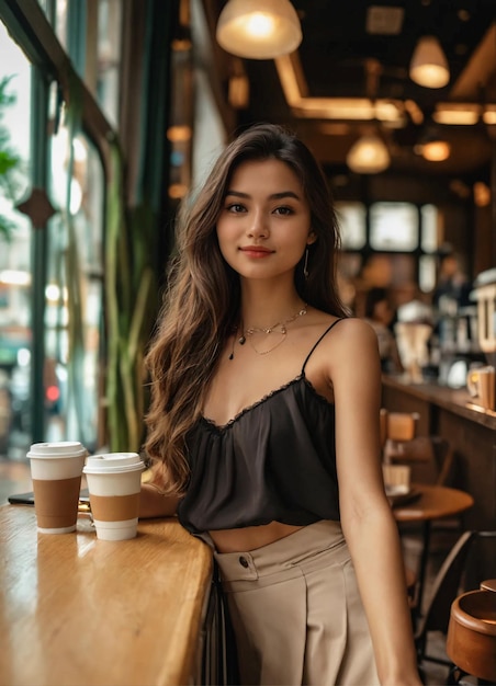 una donna si siede a un tavolo con un caffè e una tazza di caffè