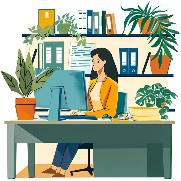 una donna si siede a una scrivania davanti a un computer