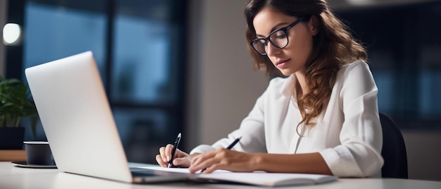 una donna si siede a una scrivania scrivendo in un quaderno con una penna e una penna