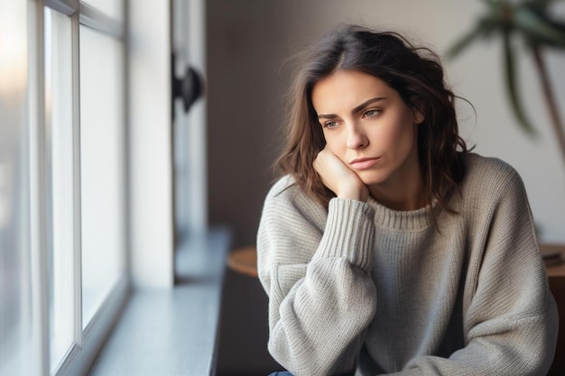 una donna si siede accanto a una finestra e guarda fuori dalla finestra