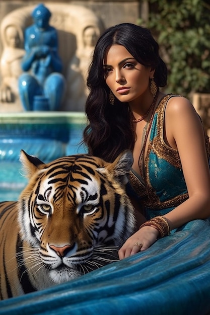 Una donna si siede accanto a una tigre e guarda la telecamera.