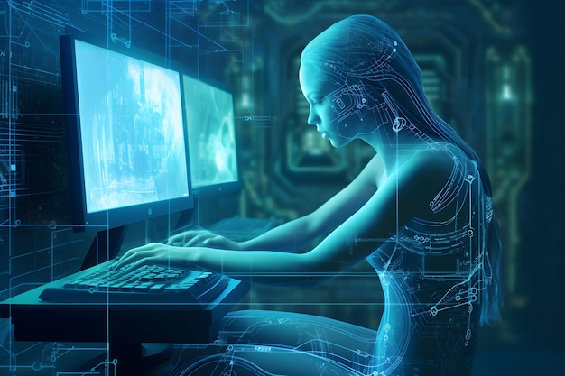 Una donna si siede davanti a un computer con uno sfondo blu che dice cyberpunk.