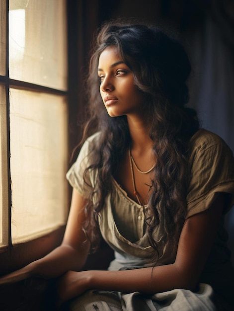 Una donna si siede davanti a una finestra con una finestra sullo sfondo.