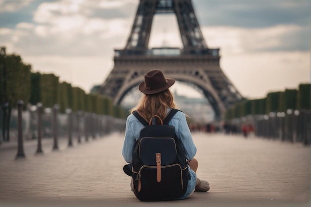 una donna si siede di fronte alla Torre Eiffel.