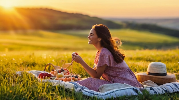 una donna si siede in un campo con un cesto di frutta e una tazza di birra