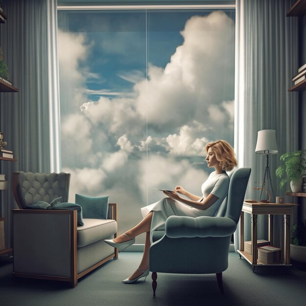 Una donna si siede in una stanza con una finestra che dice "il cielo".